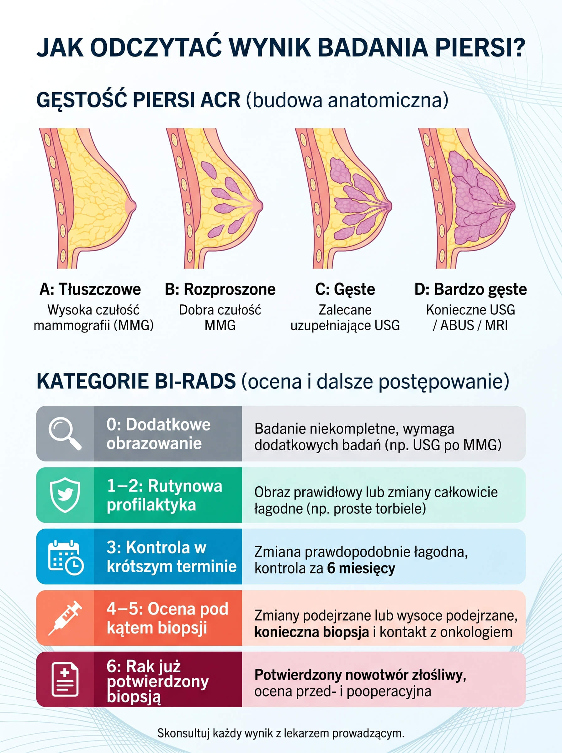 Skala BI-RADS 0–6 i gęstość piersi ACR A–D – interpretacja wyników USG i mammografii